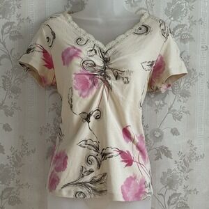 Vtg Y2k Top Sz S Lace Trim M Floral Pink Brown Cottagecore Coquette 90s Feminine